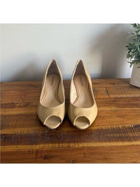 Talbots Women's Tan Nude Patent Leather Peep Toe Wedges Size 7.5